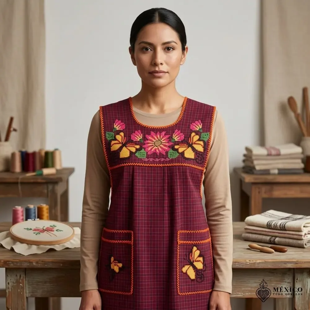 Traditional Mexican Cross-Stitch Embroidered Apron – Deluxe Artisan Smock Style